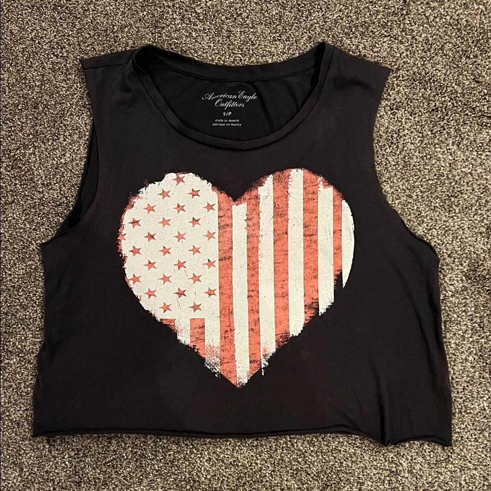 American Eagle Outfitters Black Crop Top with Heart Flag Graphic